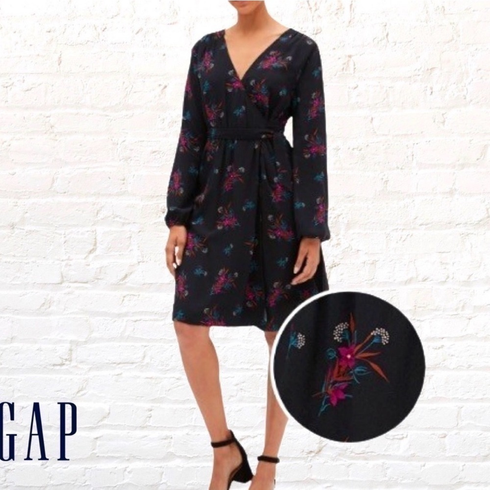 GAP Tropical Print Long Sleeve‎ Midi Wrap Dress Size Small Dark Floral Tropical